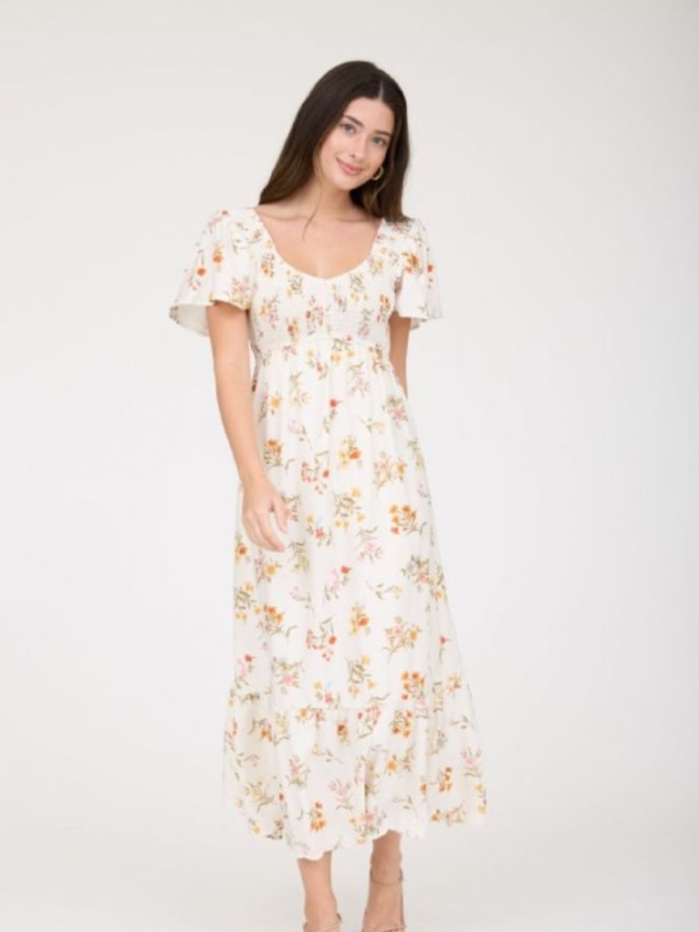 Floral Bell Sleeve Smocked Bust Midi Dress